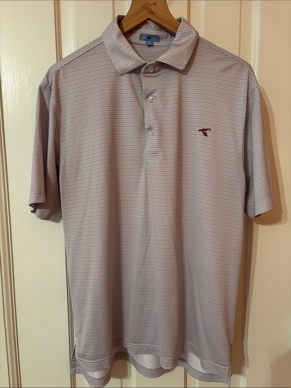 Grey & Light Pink Striped Men's Polo - Performance Stretch